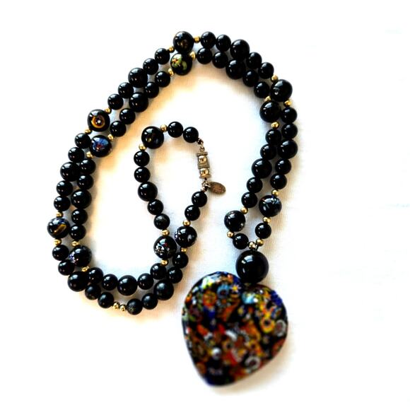 1960 Vintage signed Les Bernard Art Glass Heart Milifiori necklace - Picture 1 of 6